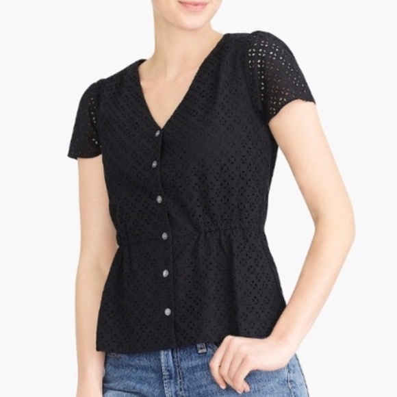J.Crew Factory Black Eyelet Peplum Short Sleeve Button Top - Picture 1 of 9